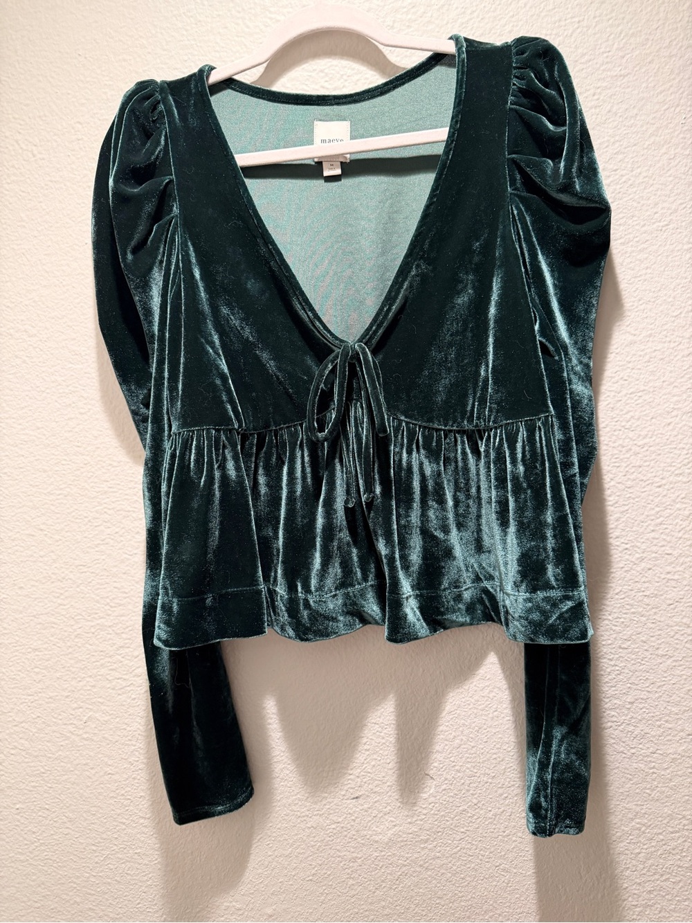 Maeve Emerald Velvet Tie-Front Peplum Blouse